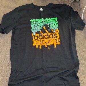Adidas Black T-Shirt with Neon Green and Neon Orange Graphic Boys Large 14/16
